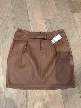 Bar III Cognac Faux Leather Belted Mini Skirt